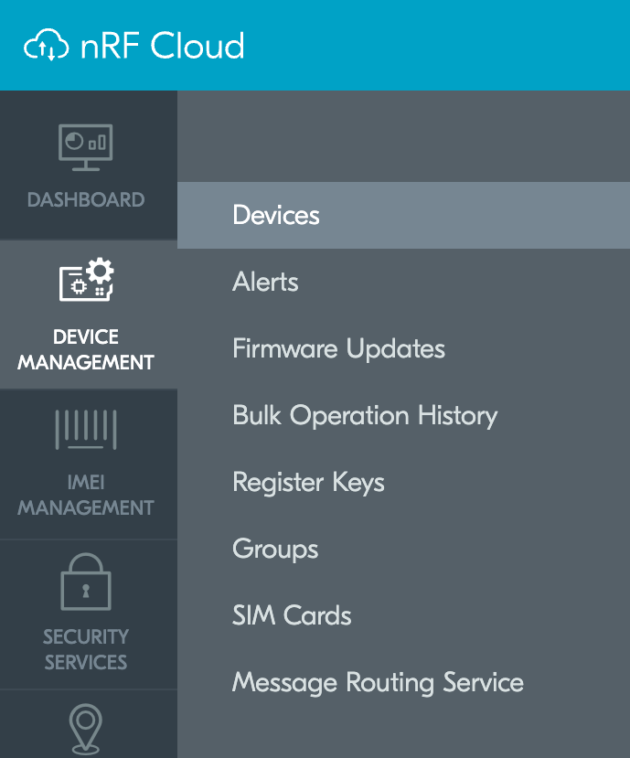nRF Cloud device management menu